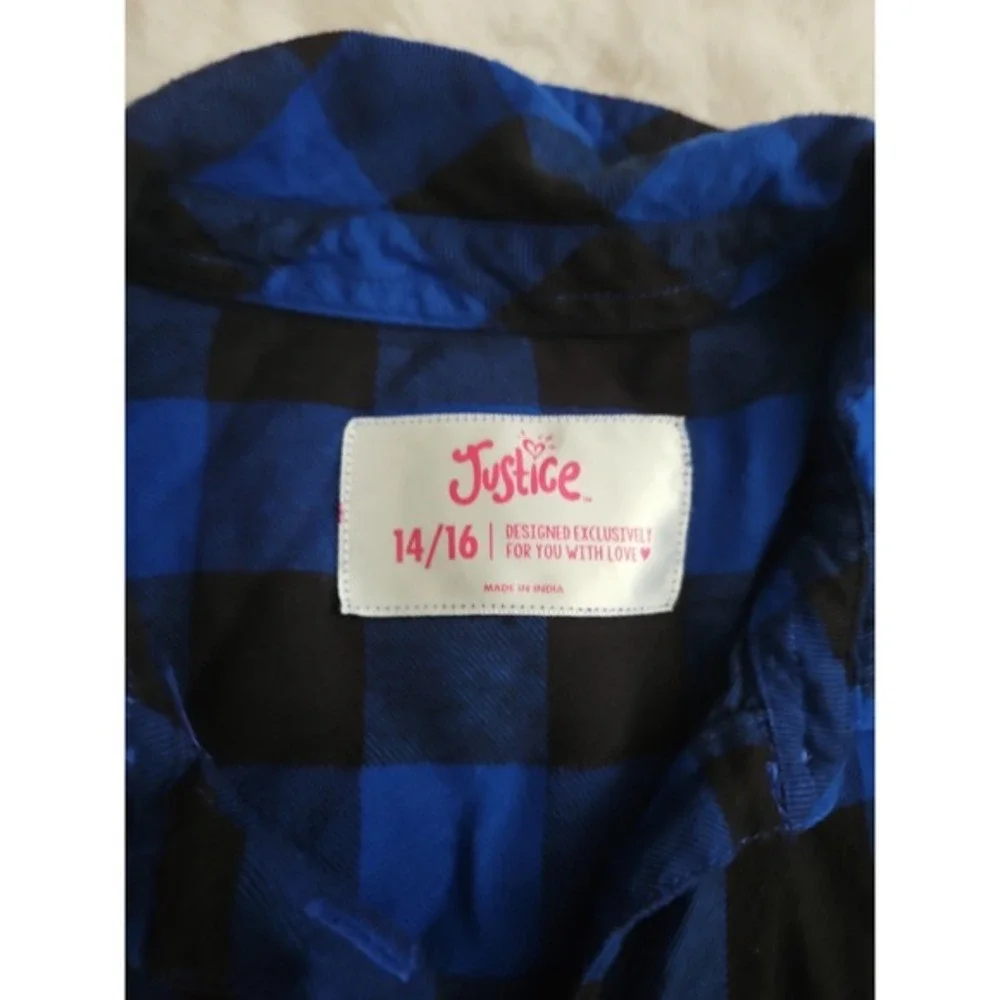 Justice‎ Girls Blue & Black Buffalo Plaid Flannel Button Down Shirt Size 14/16